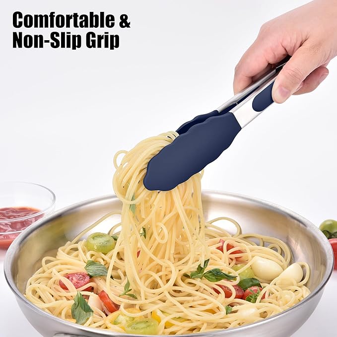 Doosu Kitchen Tongs for Cooking - 600째F Heat Resistant Food Tong with Non-Scratch Silicone Tips, Heavy Duty Stainless Steel Locking Tong for BBQ, Grilling Steak, Serving Salad Pasta (7in, Navy Blue)