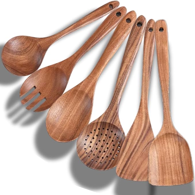 Wooden Spoons for Cooking - 6Piece Kitchen Utensils Set -Nontoxic Wooden Utensil Set -Heat Resistant Cooking Spoons - Wooden Spatula for Cooking - Teak Wood Utensils Set for Cooking - Wood Spoon