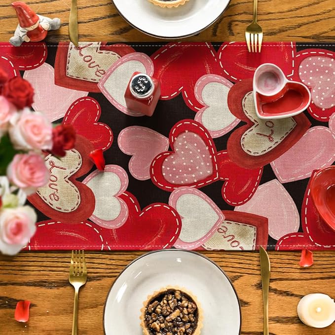 Artoid Mode Black Pink Love Heart Valentine's Table Runner, Seasonal Anniversary Kitchen Dining Table Decoration for Home Party Decor 13x60 Inch