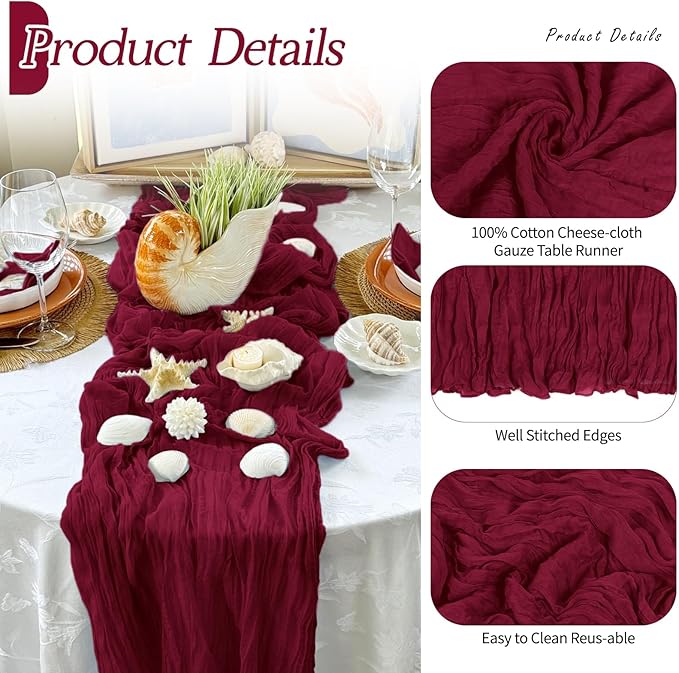 RealBox 6 Pack Burgundy Cheesecloth Table Runner 17x108 Inch Semi Sheer Boho Gauze Cheese Cloth Fabric Table Runners Table Decor for Wedding Party Baby Shower Birthday Home Decor Garden Farmhouse