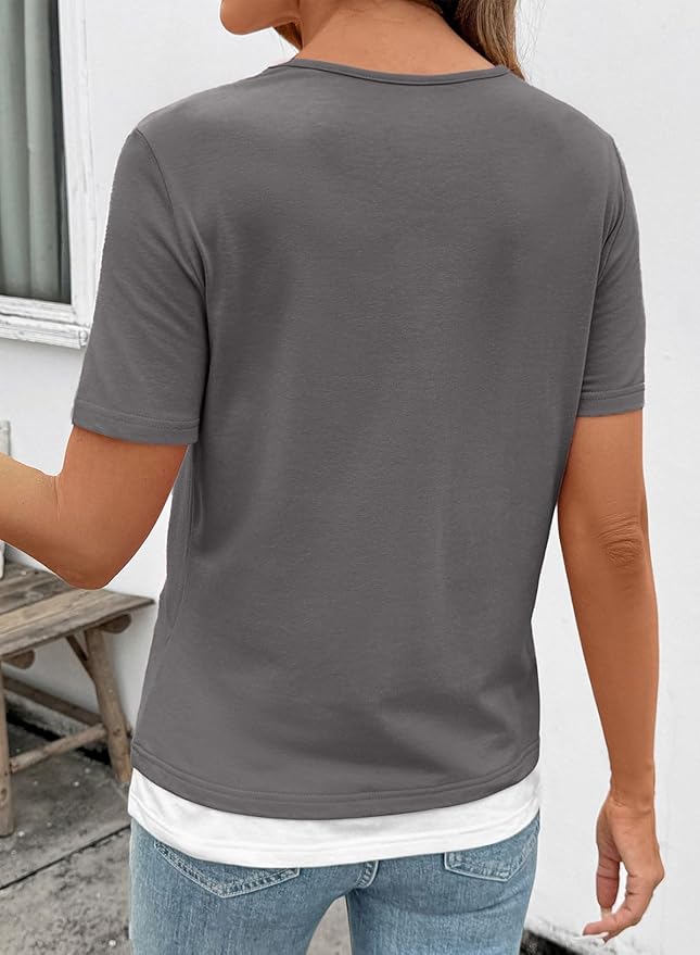 SHEWIN Womens Tops Casual Crewneck Color Block Short Sleeve Mock Double Layer T-Shirt Summer Outfits for Women 2026