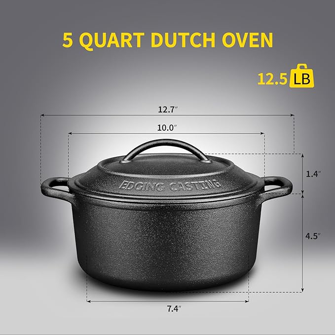 Pre-Seasoned Cast Iron Dutch Oven Pot with Lid Dual Handle, Sourdough Bread Baking Pots竊?Round 5 Quart, Black