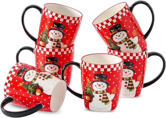 HASENSE Coffee Mugs Set of 6, Ceramic Coffee Cups with Handle, Large Christmas Latte Cup for Tea, Hot Cocoa, Milk, Stylish Mug for Holiday Gift, Dishwasher and Microwave Safe, Red