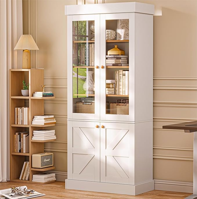 71" Tall Farmhouse Kitchen Pantry, Rustic Large Storage Cabinet with Glass Doors, Adjustable Shelves, Wood Versatile Hutch Cabinet for Dining Room, Living Room, White 2 Pcs