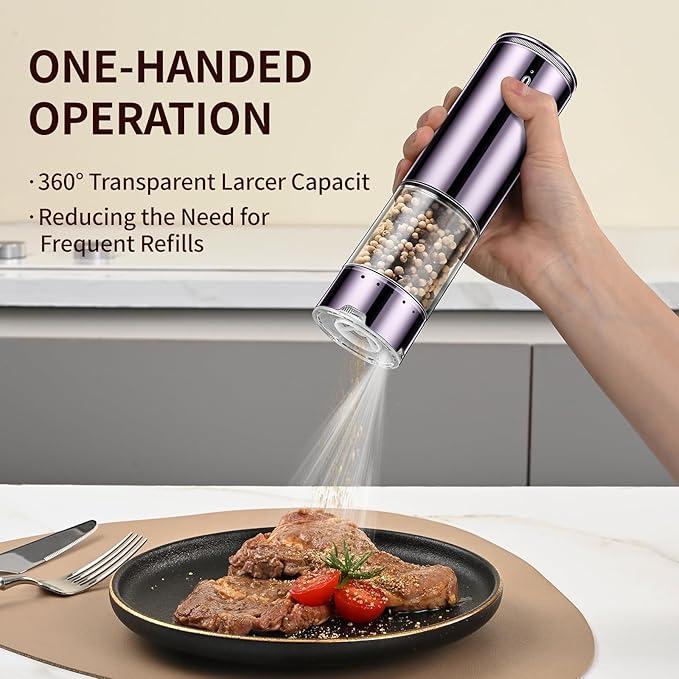 Electric Salt and Pepper Grinder Set Automatic Refillable Salt and Pepper Grinders with LED Light Pepper Grinder Kitchen Gadgets Adjustable Coarseness,One Handed Operation, Large Capacity