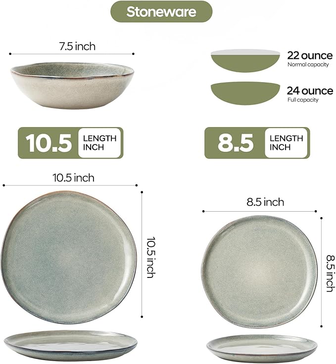 Bestone 12 Pieces Round Kitchen Dinnerware Sets竊똏lates and Bowls Sets,Dishes, Plates, Bowls, Dish Set, Chip Resistant Ceramic Dinnerware Set, Dishwasher/Microwave Safe,Service for 4,Sage green