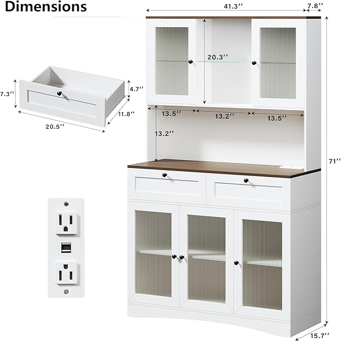 71" Pantry Cabinet with Charging Station and LED Light, Modern Kitchen Pantry Cabinet with Microwave Stand, Tall Kitchen Hutch Food Pantry with Drawers & Shelves for Dining Room, White