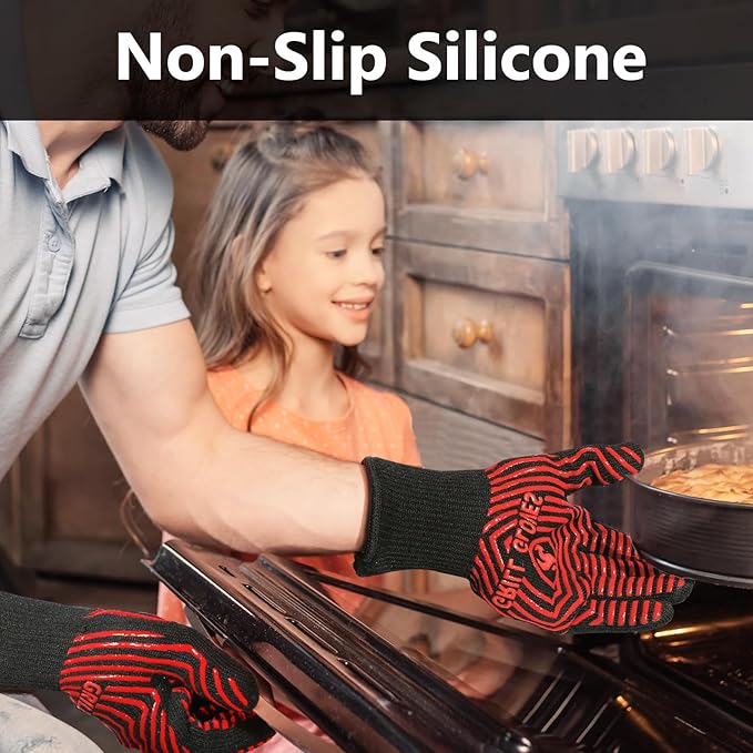 QUWIN BBQ Gloves, BBQ Accessories 1472??Extreme Heat Resistant, Grilling Gloves Silicone Non-Slip Oven Mitts, Kitchen Gloves for BBQ, Grilling, Cooking, Baking-1 Pair 11inch, Red