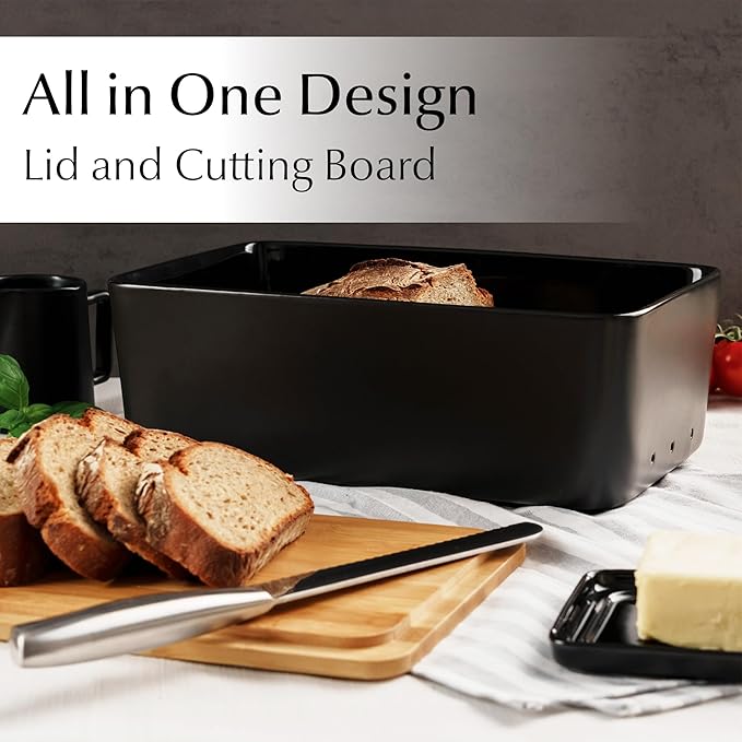 MIAMIO ??Bread Box for Kitchen Countertop/Ceramic Bread Box with Cutting Board, Bread Container with Bamboo Lid, 12.6 x 7.9 x 4.5 inches