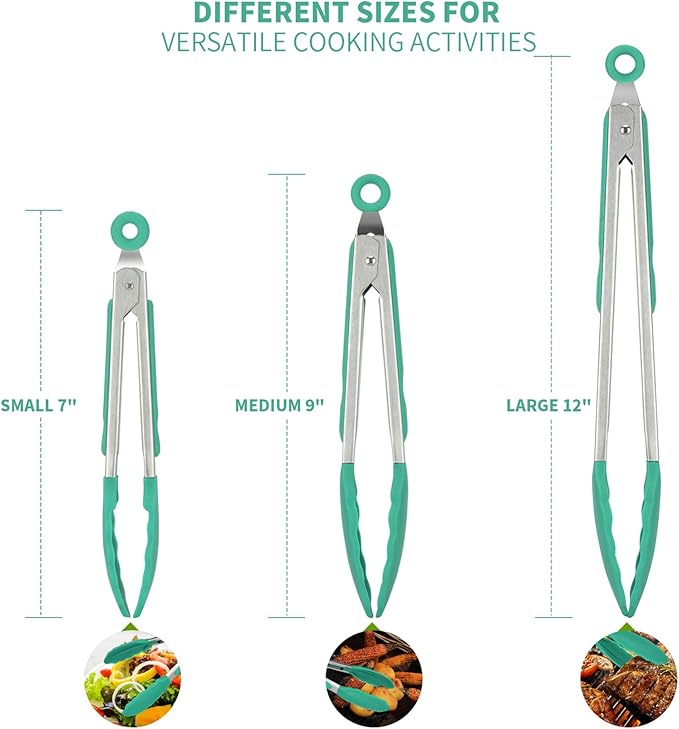 Kitchen Tongs, U-Taste 7/9/12 inches Cooking Tongs, with 600쨘F High Heat-Resistant Non-Stick Silicone Tips, 18/8 Stainless Steel Handle, for Food Grill, Salad, BBQ, Frying, Serving, Pack of 3(Teal)