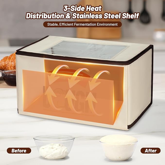 Upgraded Folding Bread Proofing Box with 3-Sided Heating, Built-in NTC Sensor & Precise 68-104째F Temp Control, 48H Timer, Metal Rack ?밊amily-Size Dough Proofer for 2 Loaves, Sourdough & Pizza