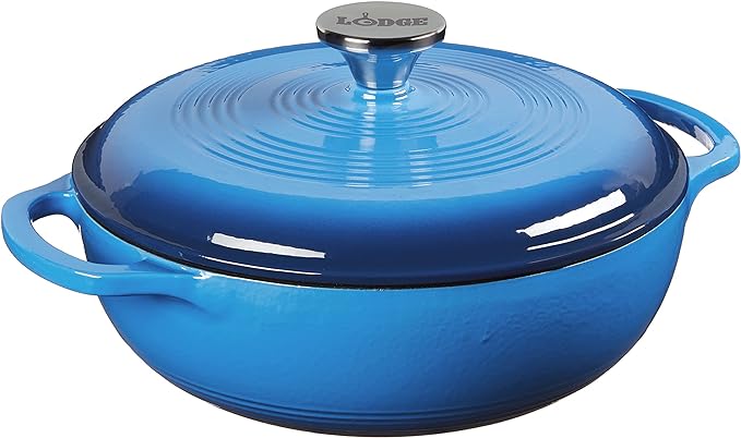 Lodge 3 Quart Enameled Cast Iron Dutch Oven with Lid ??Dual Handles ??Oven Safe up to 500째 F or on Stovetop - Use to Marinate, Cook, Bake, Refrigerate and Serve ??Caribbean Blue