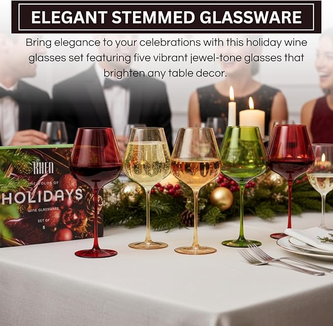Khen Festive & Holiday Colored Wine Glasses Set of 5 In Luxurious Gift Box ??20oz Stemmed Goblets, Thanksgiving Dinner, Entertaining ??Wedding Red, Green & Gold Glassware for Party Celebrations
