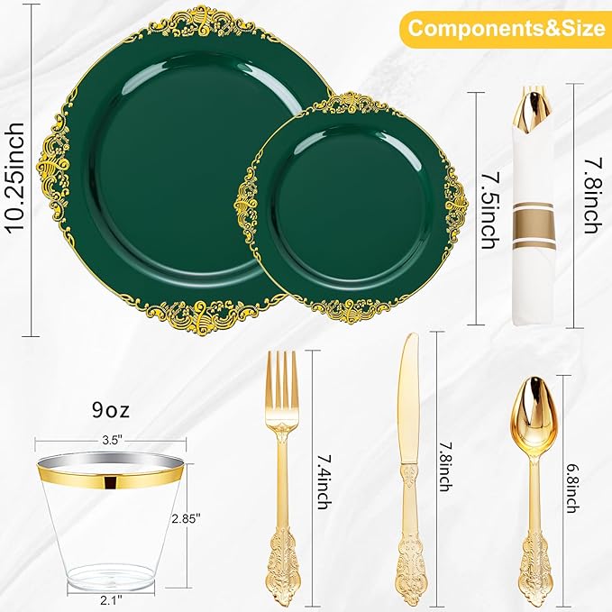 Nervure 350PCS Green Plastic Plates - Green Gold Plastic Dinnerware Sets for 50 Guests - 100 Disposable Plates, 150 Gold Silverware, 50 Cups, 50 Napkins for Wedding & Party