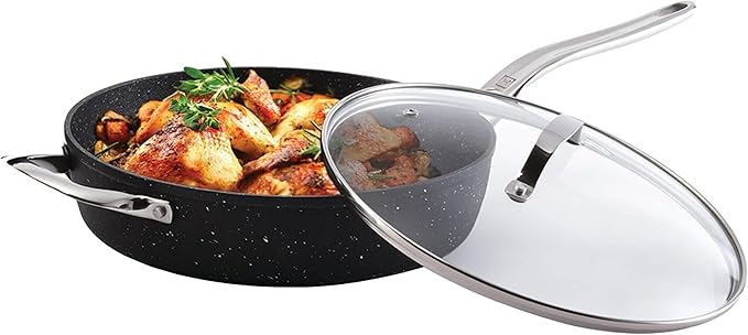 Starfrit The Rock Classic 11" (28cm) Non-Stick Deep Fry Pan with Helper Handle and Glass lid - Durable Forged Aluminum - Oven Safe - PFOA Free - Easy to Clean