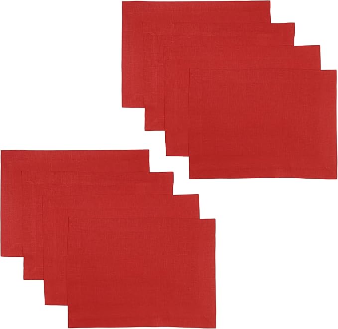 D'Moksha Homes Linen Placemats 14 x 19 Inch - Bright Red Placemats Set of 8-100% Pure Linen Table Place Mats for Valentines, Spring, Easter - Handcrafted and Machine Washable
