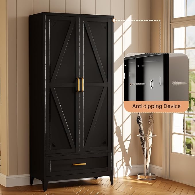 71" Black Kitchen Pantry Cabinet,4-Tier Tall Metal Storage Cabinet with Drawer,Freestanding Display Steel Cupboard for Dining Room,Living Room,Hallway,Bathroom