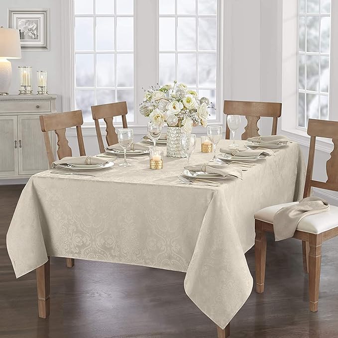 Elrene Home Fashions Caiden Elegance Damask Waterproof, Stain & Wrinkle Resistant Fabric Tablecloth, 60" x 102" Oblong/Rectangle, Taupe