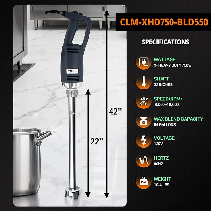 COOLUMA X-Heavy Huty 750W Commercial Immersion Blender, 22 Inch Removable Shaft, 8,000-19,000 RPM Variable Speed, 64 Gallons Hand Mixer, Secure Dual Button Start.