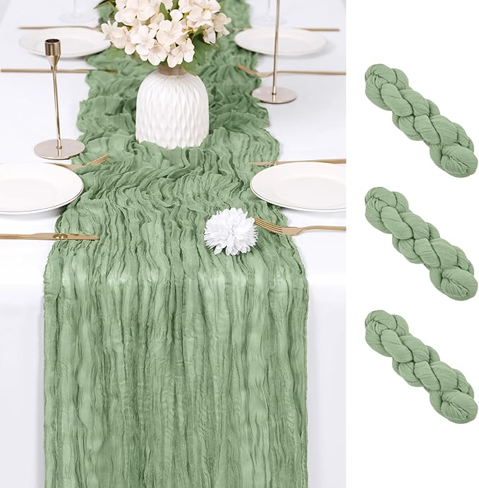 RealBox 3 Pack Sage Green Cheesecloth Table Runner 17x108 Inch Semi Sheer Boho Gauze Cheese Cloth Fabric Table Runners Table Decor for Wedding Party Baby Shower Birthday Home Decor Garden Farmhouse