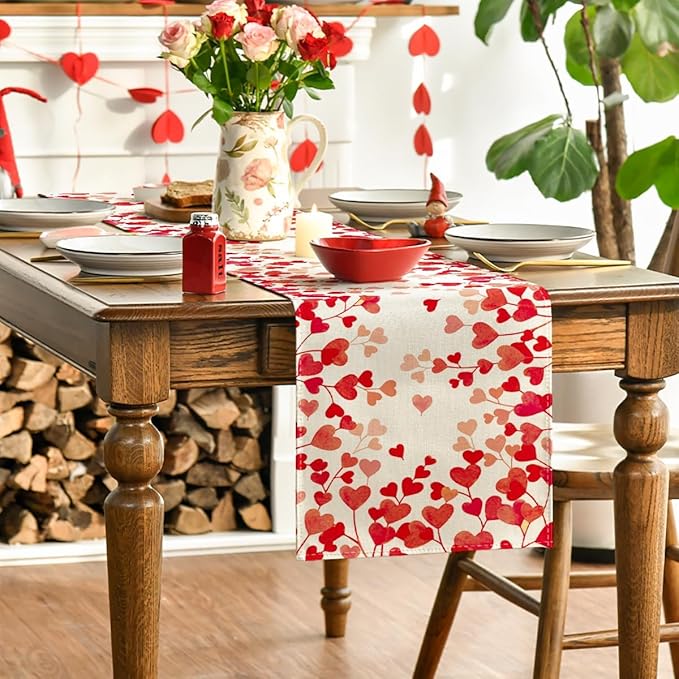 Artoid Mode Red Love Valentine's Table Runner, Anniversary Wedding Kitchen Dining Table Decoration for Home Party Decor 13x36 Inch