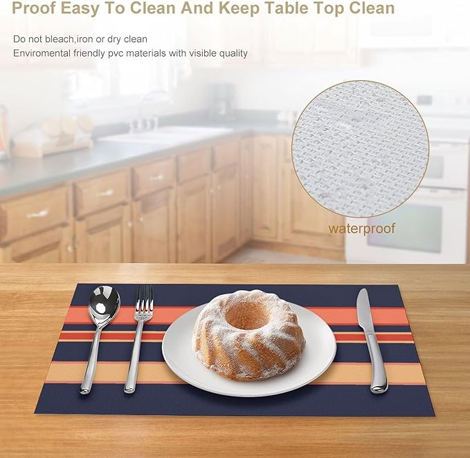 Modern Navy Coral Mango Orange Mustard Yellow Placemat, Set of 4 Heat Resistant PVC Place Mats for Kitchen Table