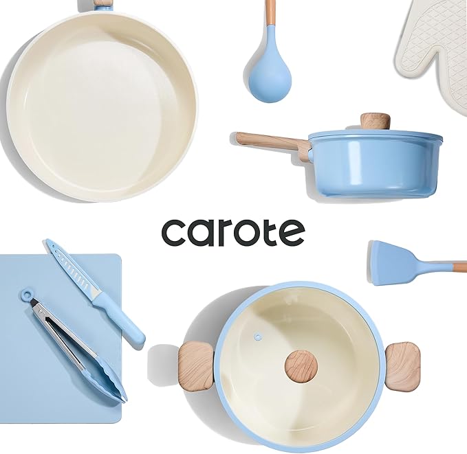 CAROTE 16pcs Ceramic Cookware Set, Pots and Pans Non Stick Kitchen Cookware Sets, Pots and Pans Set Cooking Set with Knife Set