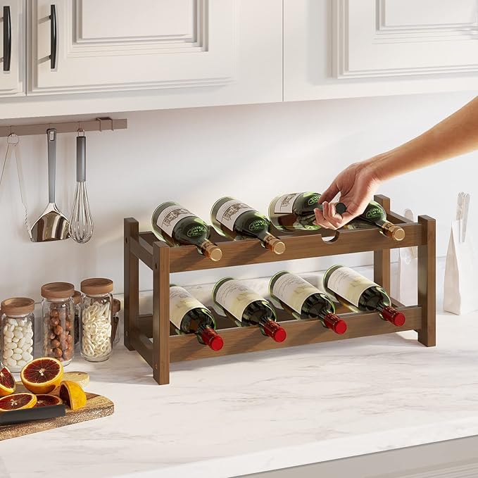 BAMEOS Bamboo Wine Rack, 2 Tier Wine Racks Countertop Storage, Wine Bottle Holder Wine Rack freestanding Floor for Kitchen, Bar, Pantry, Wine Cellar, Basement,Study竊똌aroon (16.85 L x 9.25W x 7H)