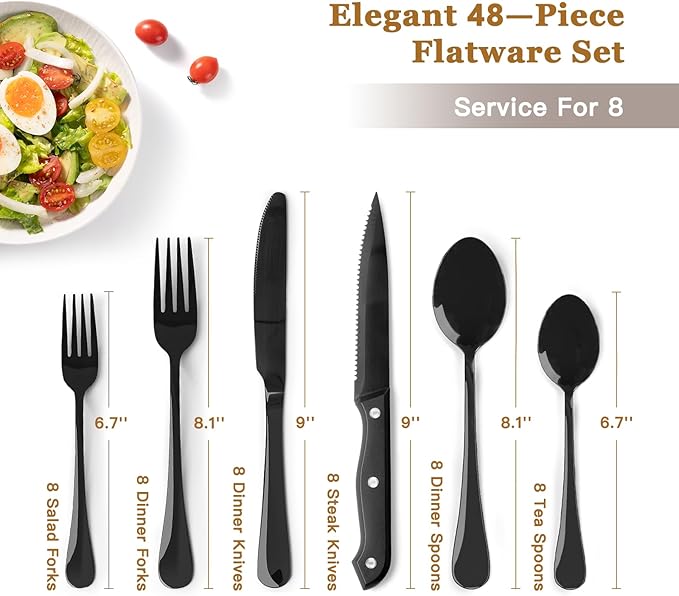 Astercook Silverware Set 48-Piece Black Flatware Set with Steak Knives Food-Grade Stainless Steel Cutlery Set for 8 Mirror Polished Utensils Set Include Spoons and Forks for Home Kitchen Restaurant