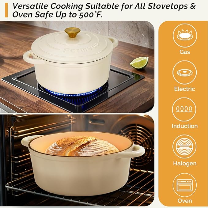 Parmedu Enameled Cast Iron Dutch Oven-5.5 Quart Pot with Lid, Dual Handle,Heavy Duty Cookware for Braising, Stews, Roasting, Bread Baking,Cream white