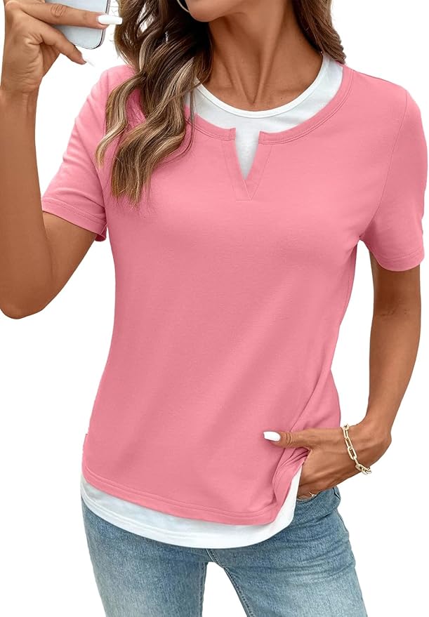 SHEWIN Womens Tops Casual Crewneck Color Block Short Sleeve Mock Double Layer T-Shirt Summer Outfits for Women 2026