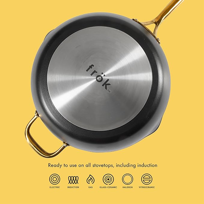 Frok 13" Frying Pan Wok Skillet 4MM Thick Quick Heat Aluminum Cookware w/Aluminum Lid Premium PFA Free Ceramic Nonstick Interior & Heat Resistant Exterior - Induction - Black & Gold