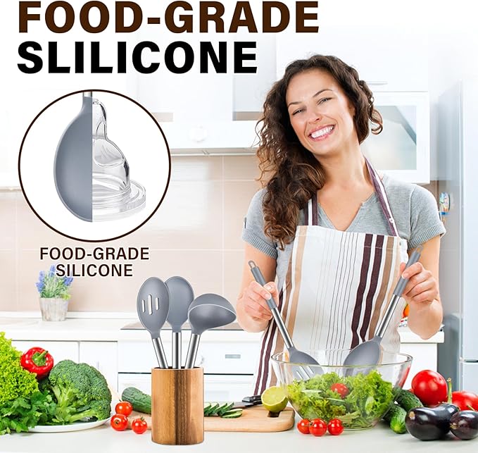 3Pcs Silicone Cooking Spoon Set, Kitchen Utensils Include Solid & Slotted Spoon, Soup Ladle, Food-Grade Heat Resistant 446째F, Non-Scratch Spoons for Serving, Stirring, Draining, Dishwasher Safe, Gray