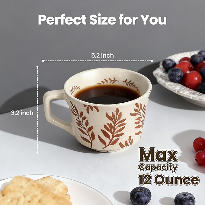 Ceramic Coffee Mugs Set, 12 oz Vintage Tea Cups with Handle for Latte, Cappuccino, Espresso, Mocha, Hot Tea, Dishwasher & Microwave Safe for Families and Couples Gifts竊늆et of 2 Bean Leaves
