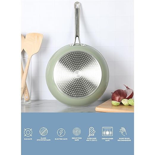 Sur La Table Kitchen Essentials Large 12 Inch Fry Pan PFA Free Titanium Ceramic Nonstick Interior Forged Aluminum Cookware Frying Pan - Green - Induction Compatible