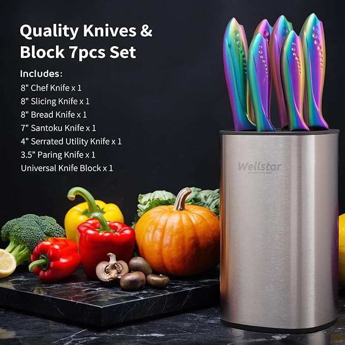 WELLSTAR Rainbow Knife Set - 7-Piece Iridescent German High-Carbon Stainless Steel Kitchen Knives with Universal Knife Block, Colorful Kitchen Cutlery for Cooking and Food Prep