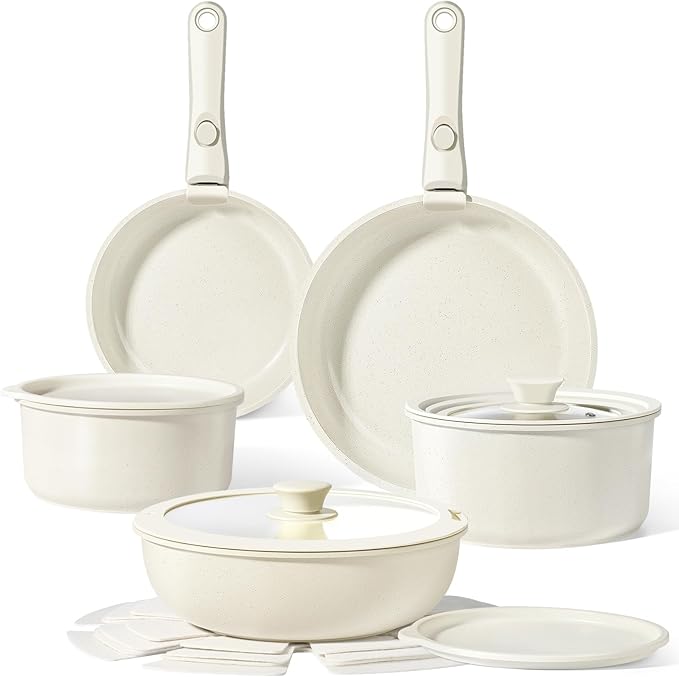 GiPP Ceramic Pots and Pans Set Non Stick, Nonstick Detachable Handle Cookware Sets, Healthy Non Toxic PFAS PFOA & PTFE Free, Dishwasher 竊냀ven Safe, Induction Kitchen Pot and Pan, 15 Piece Cream