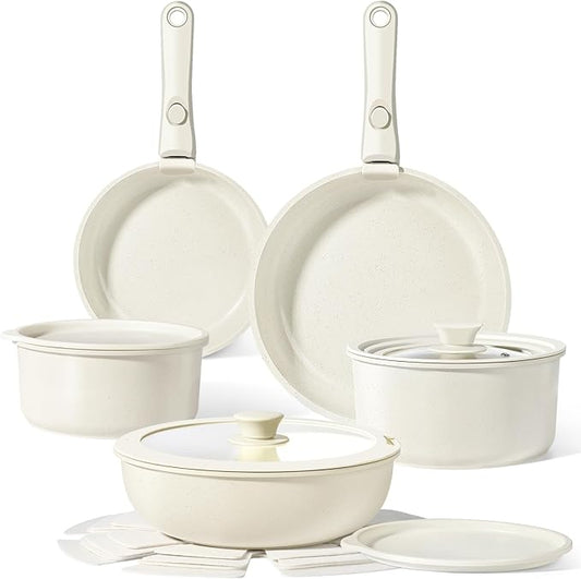 GiPP Ceramic Pots and Pans Set Non Stick, Nonstick Detachable Handle Cookware Sets, Healthy Non Toxic PFAS PFOA & PTFE Free, Dishwasher 竊냀ven Safe, Induction Kitchen Pot and Pan, 15 Piece Cream