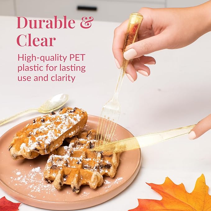 Prestee 180-Piece Gold Plastic Silverware Set - Durable Plasticware Includes 60 Forks, 60 Knives, 60 Spoons - Fancy, Disposable Plastic Utensils and Flatware for Weddings, Parties, and Holidays