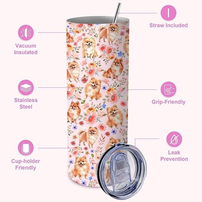 Yogusut Pomeranian Gifts for Women, 20oz Stainless Steel Insulated Tumbler Travel Mug Cup with Lid Straw Brush, Gifts for Dog Mom Dog Lover
