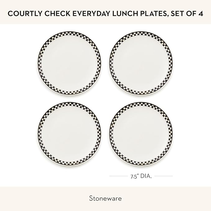 MACKENZIE-CHILDS Set of 4 Everyday Lunch Plates, Microwave-Safe and Dishwasher-Safe Stoneware Plates, Black-and-White Courtly Check