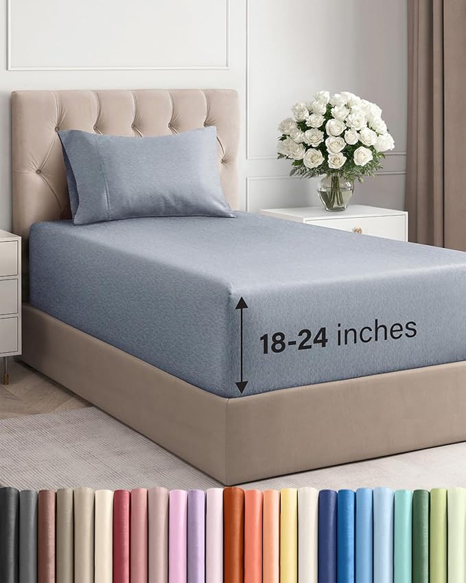 Extra Deep Pocket Twin Sheets - 3 Piece Breathable & Cooling Bed Sheets - Hotel Luxury Sheet Set - Soft, Wrinkle Free & Comfy - Easily Fits Extra Deep Mattresses - Deep Pocket Heathered Blue Sheets
