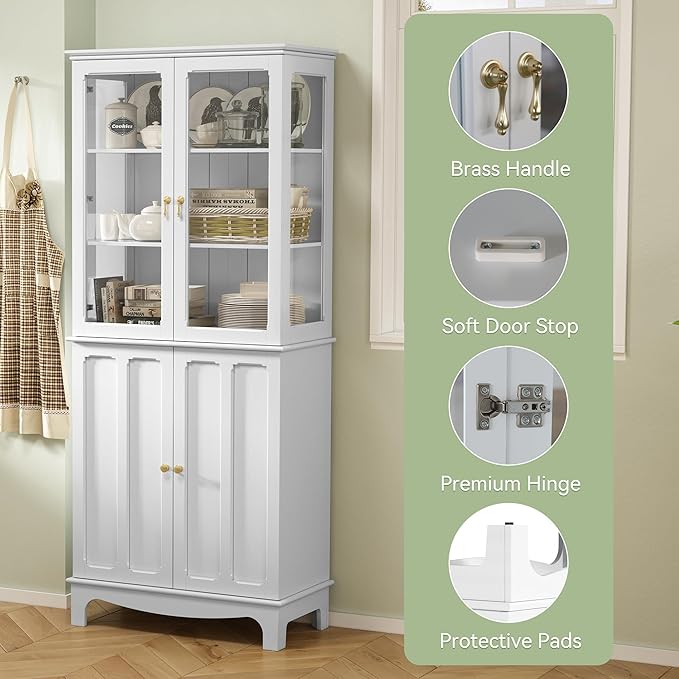 ARTPOWER 72" Freestanding Kitchen Pantry Storage Sideboard, Classical Tall Cabinet with Glass Door and Adjustable Shelves for Kitchen, Livingroom and Dining Room, White