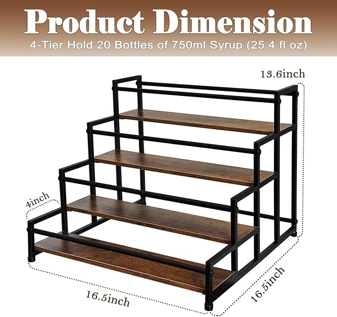 Klxuyuo 4-Tier Coffee Syrup Rack for 20 Bottles (750ml)?밪turdy Coffee Syrup Organizer Holder for Kitchen, Caf챕, Office