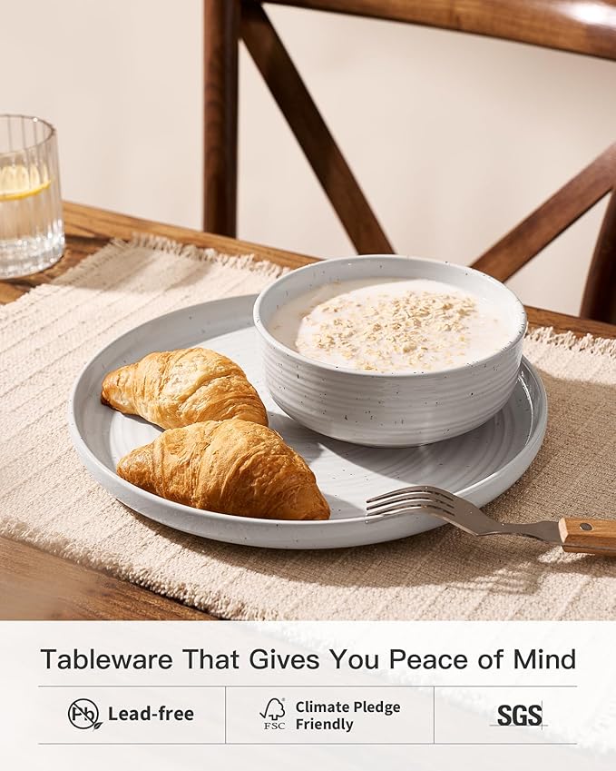 Stoneware Dinnerware Sets, Plate and Bowl Sets for 4, 12 Pieces Spiral Flared Dishware Set with Speckles & Reactive Glaze - Microwave and Dishwasher Safe Tableware, White