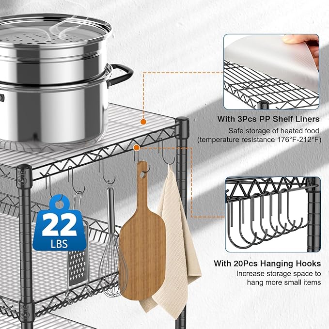 Leteuke Heavy Duty Rolling Utility Cart, 45 Inch Kitchen Carts with Wheels, NSF Commercial Grade with Handle & Shelf Liners, 1120LBS Storage Cart for Kitchen,Restaurant,Plant Display-Black