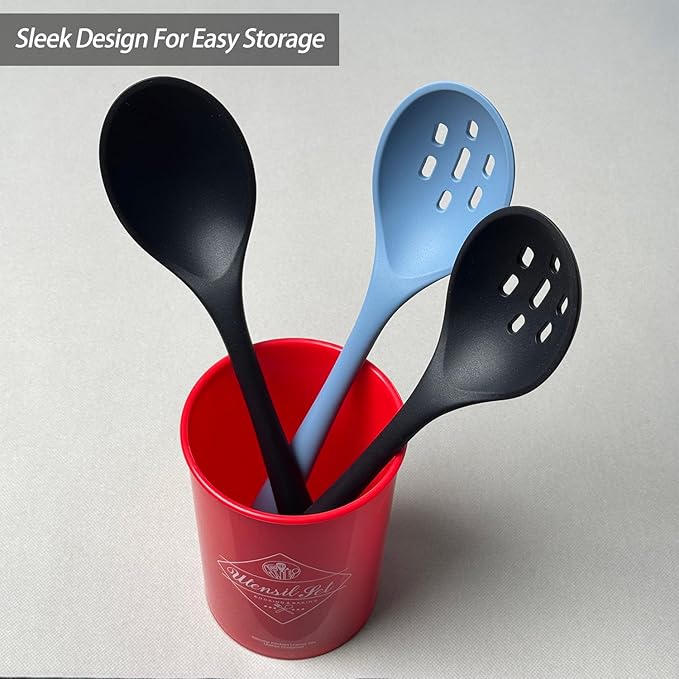 Silicone Spoons for Cooking - Extra Large Kitchen Spoons for Mixing, Serving, & Stirring - 600째F Heat-Resistant Non Stick Utensils Ladle - Dishwasher Safe, Solid,Black