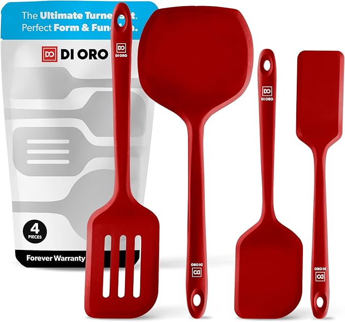 New DI ORO Seamless Series Moda 4-Piece Silicone Turner Spatula Set - 600째F Heat-Resistant Flexible Kitchen Spatulas for Nonstick Cookware - Flippers for Eggs & Pancakes - Utensils for Cooking (Red)