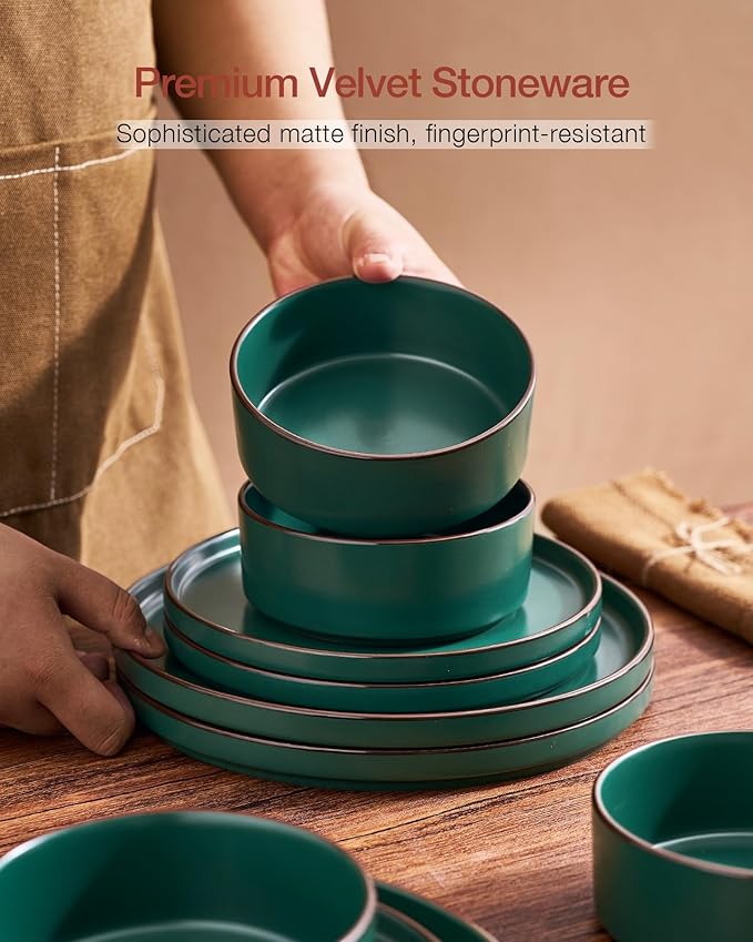 Famiware Nebula Ridge Stoneware Dinnerware Sets for 8, 24 Pieces Plates and Bowls Sets, Dishes Set, Microwave and Dishwasher Safe Kitchen Plates, Dark Green