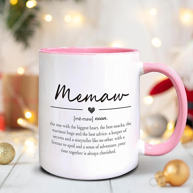 QASHWEY Memaw Gifts Coffee Mug, Mothers Day Coffee Mug Gifts for MemawGrandma, Grandma Gifts CoffeeMugs, Memaw Mugs Tea Cup Gift for GrandmaMemaw, Memaw Definition Coffee Cups Ceramic 11oz(Pink)
